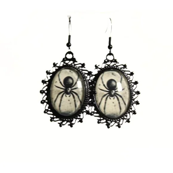 Gothic Victorian “Widow’s Whisper” Spider Black Widow Cameo Earrings - Picture 3 of 4